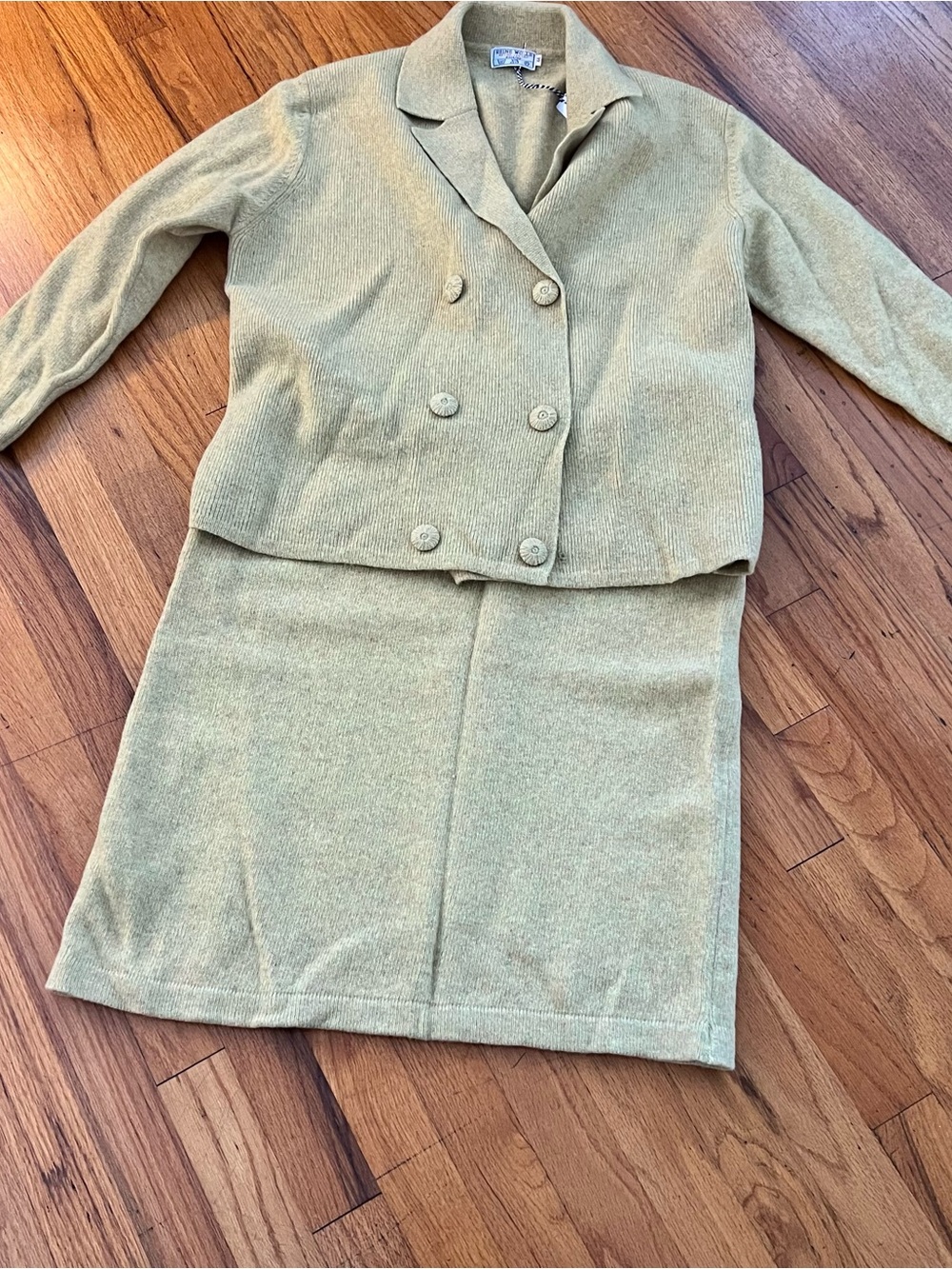 Vintage Light Yellow Double-Breasted Knit Skirt Set